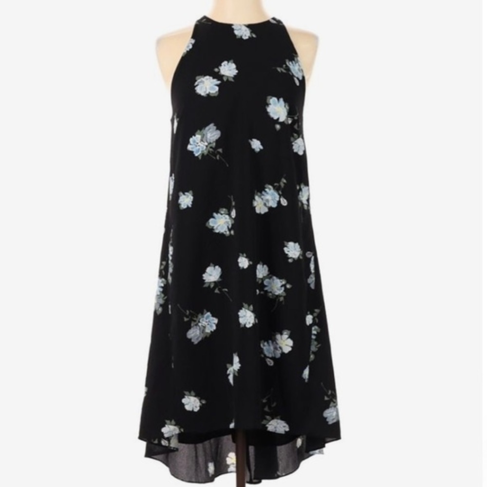 Black and blue floral midi flowing shift dress size medium